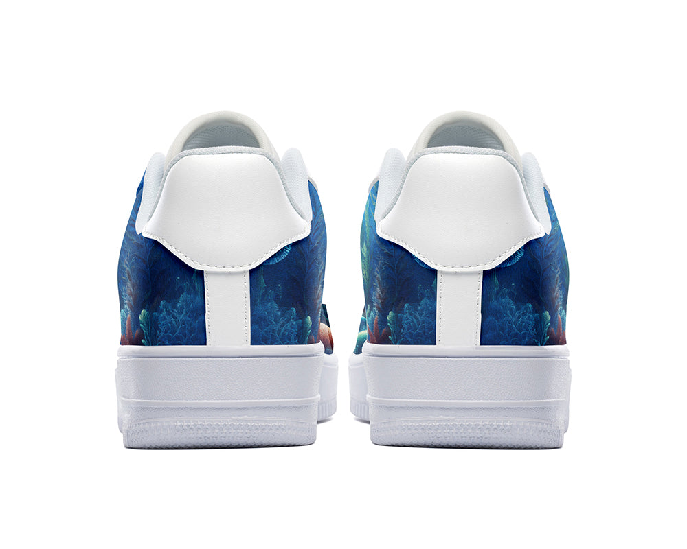 Court sneakers featuring a vintage scuba diver illustration exploring a colorful underwater coral reef and deep sea environment.