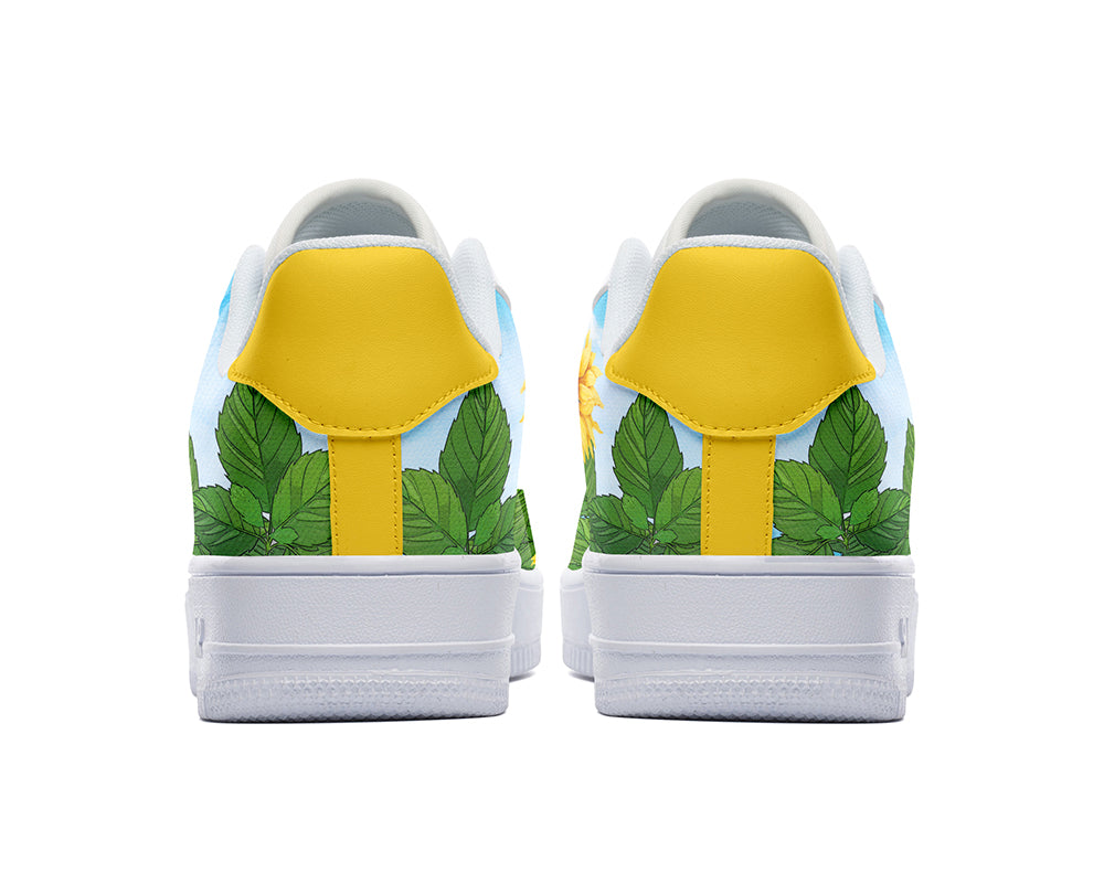 Custom Kiks Sunflower sneakers with a yellow upper and white sole. The upper is decorated with a pattern of sunflowers and blue sky.
