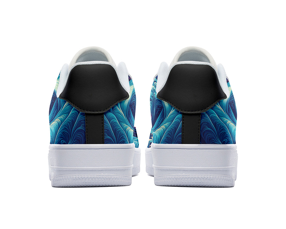 Court sneakers featuring a surfer riding ocean waves at sunset with colorful surf art and tropical coastal imagery.