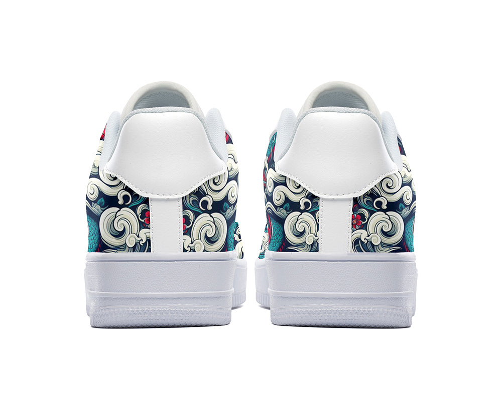 Dragon Court Sneakers featuring a detailed dragon illustration with swirling clouds and Asian-inspired art patterns.