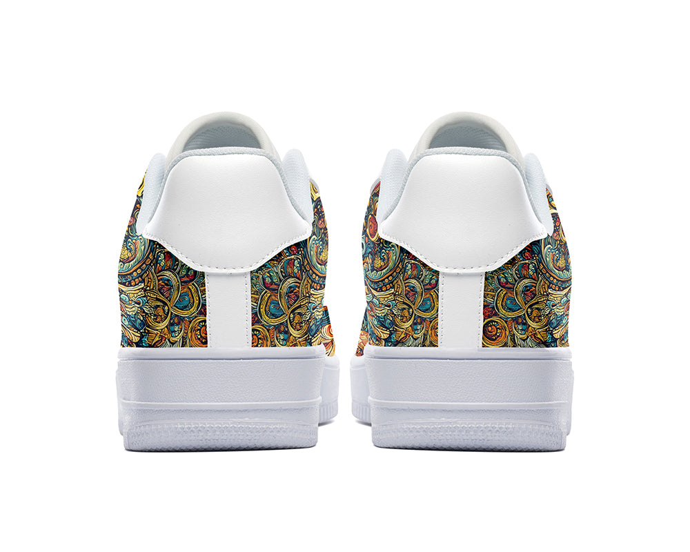 Court sneakers featuring a meditation silhouette surrounded by colorful mandala-inspired artwork and yoga-inspired design elements.