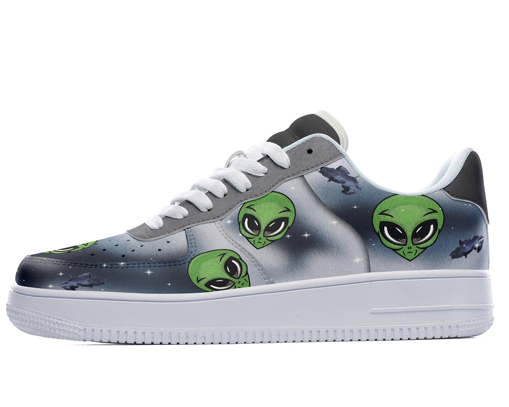 Alien Sneakers: Green Alien Pattern Court Sneakers