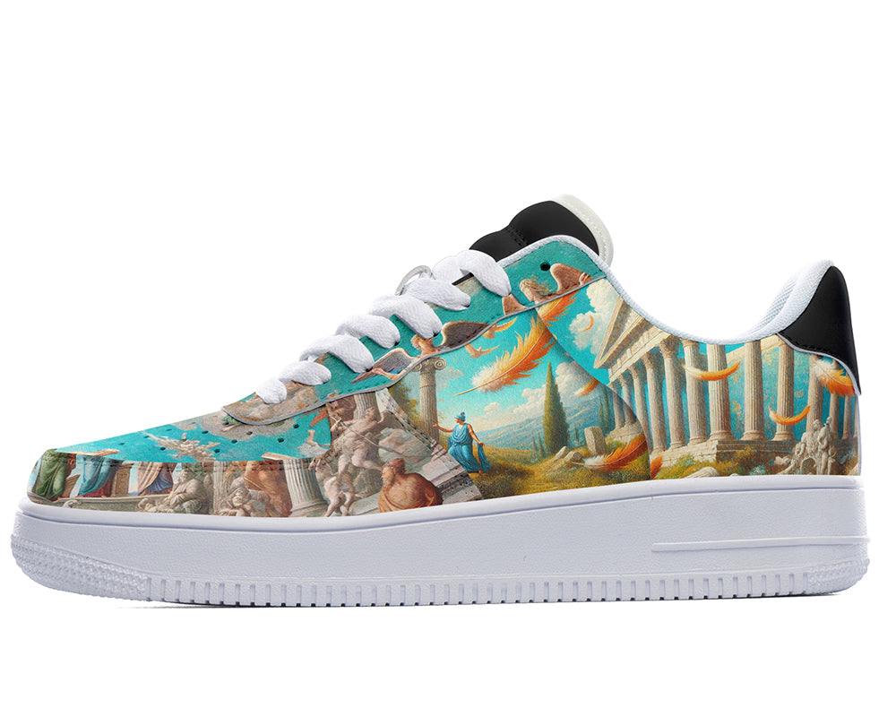 Ancient Greece court sneakers featuring classical civilization artwork with Greek architecture, statues, and mythology-inspired scenes.