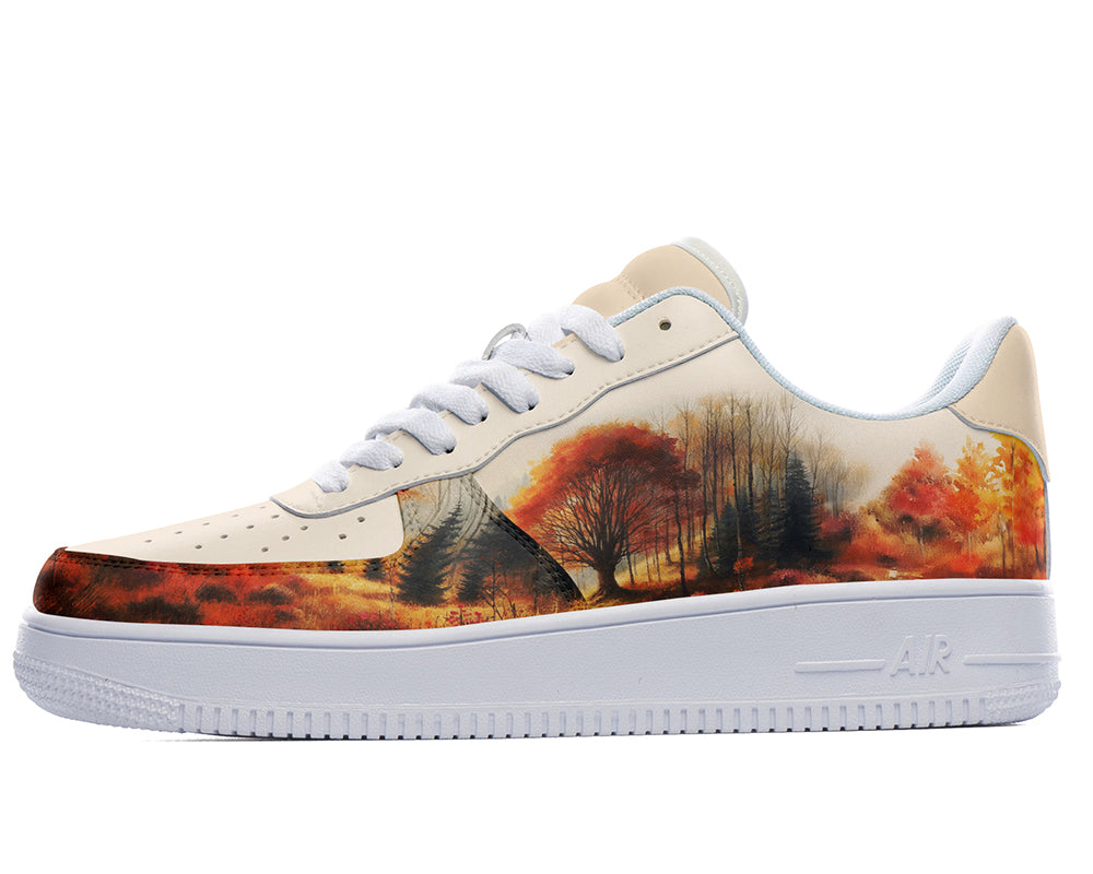 Custom Kiks White sneakers with a watercolor print of an autumn forest scene. 
