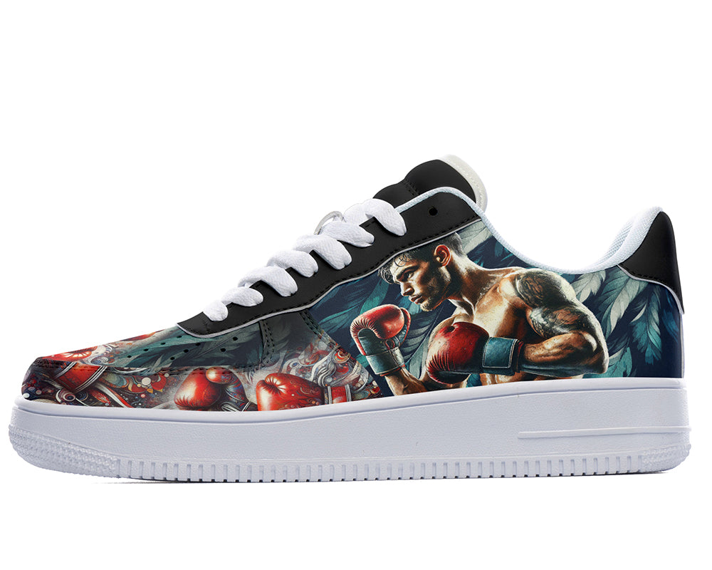 Court sneakers featuring a boxer illustration with red boxing gloves and boxing-inspired artwork.