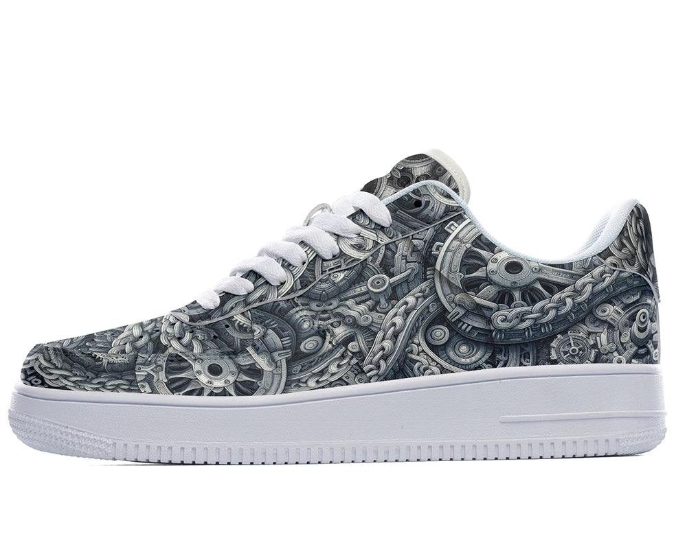 Gear Pattern Court Sneakers featuring intricate mechanical gears, industrial machinery artwork, and metallic steampunk-inspired design details in black, silver, and bronze tones.