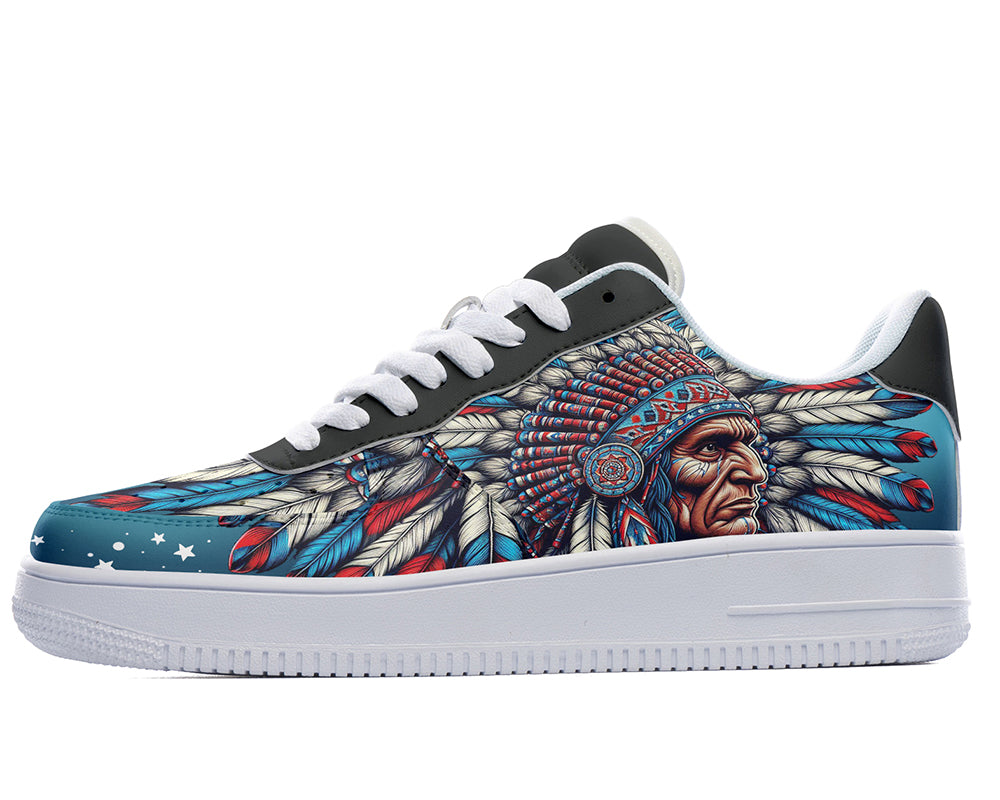 Native American inspired court sneakers featuring tribal heritage artwork with a colorful feather headdress illustration and cultural art details.