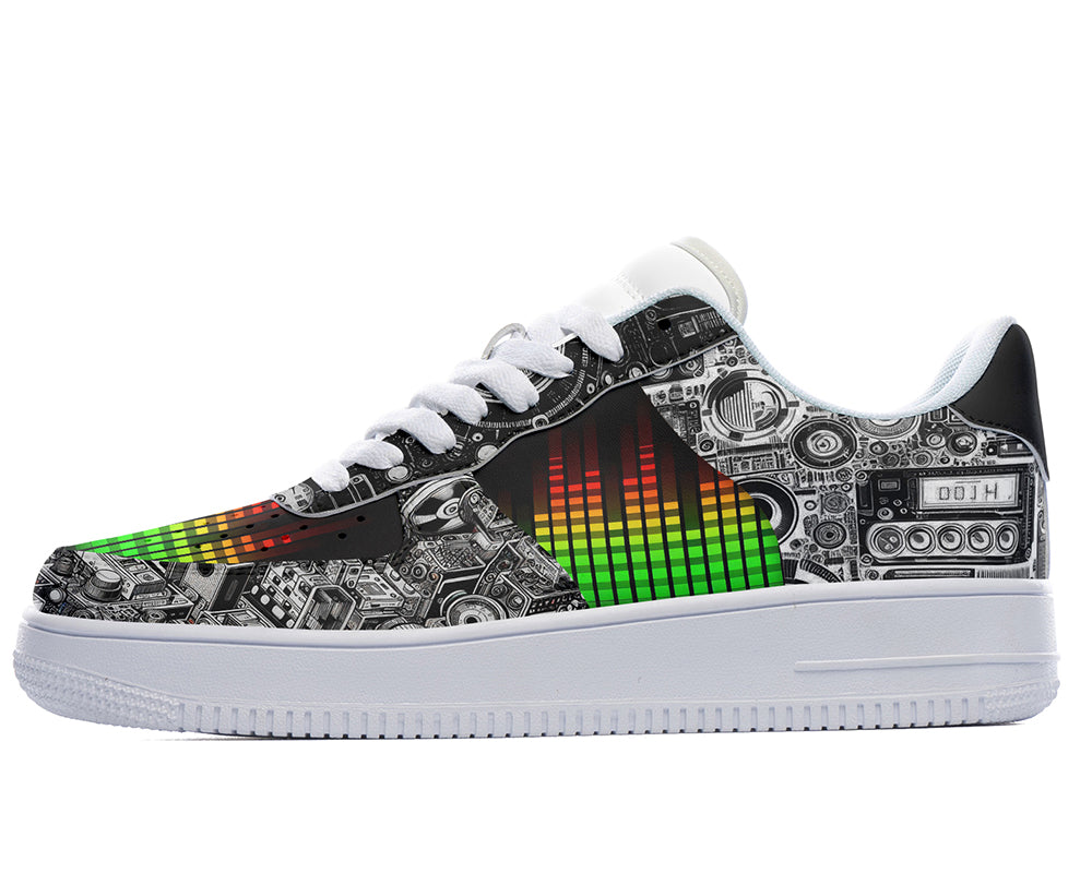 Court sneakers featuring an audio equalizer pattern with vintage music equipment, speakers, and sound system artwork in black, white, red, yellow, and green tones.