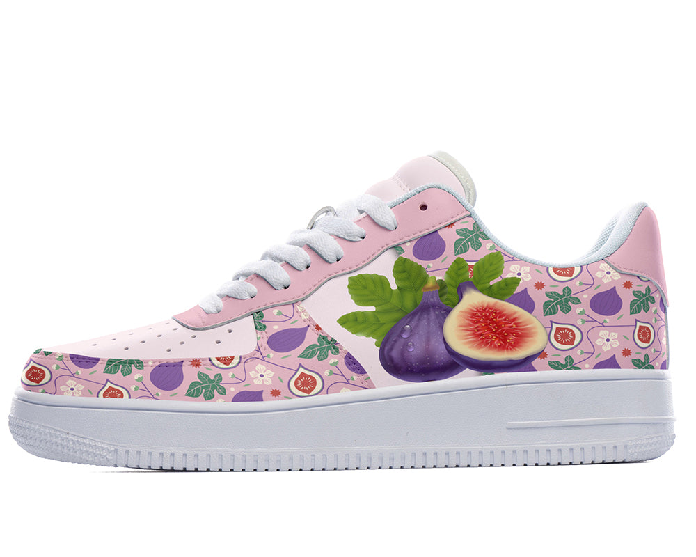 Custom Kiks Pink & Deep Purple sneaker with fig design on a white background