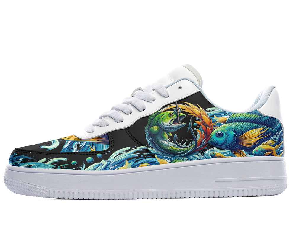 Court sneakers featuring colorful sport fishing artwork with detailed fish illustrations, fishing hook design, and ocean wave graphics.
