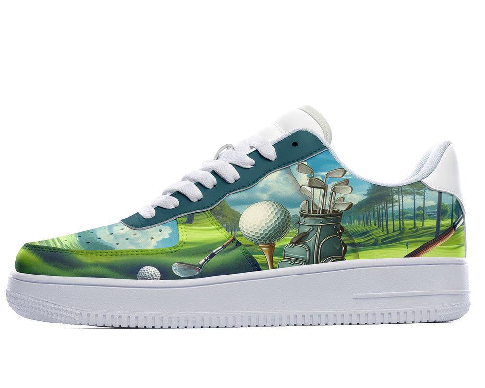 Court sneakers featuring a golf course illustration with golf clubs, golf balls, and fairway-inspired artwork.