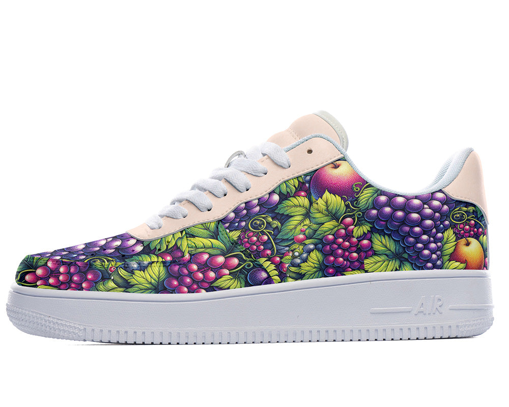 Custom Kiks sneakers with a grape print design on a white background and pink sole.
