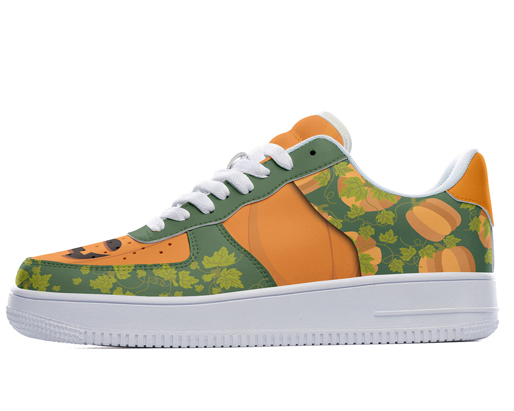Jack-o-Lantern graphic court sneaker with green background and orange pumpkin patterns