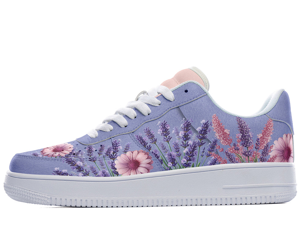 Lavender Sneakers: Lavender Flower Pattern Court Sneakers