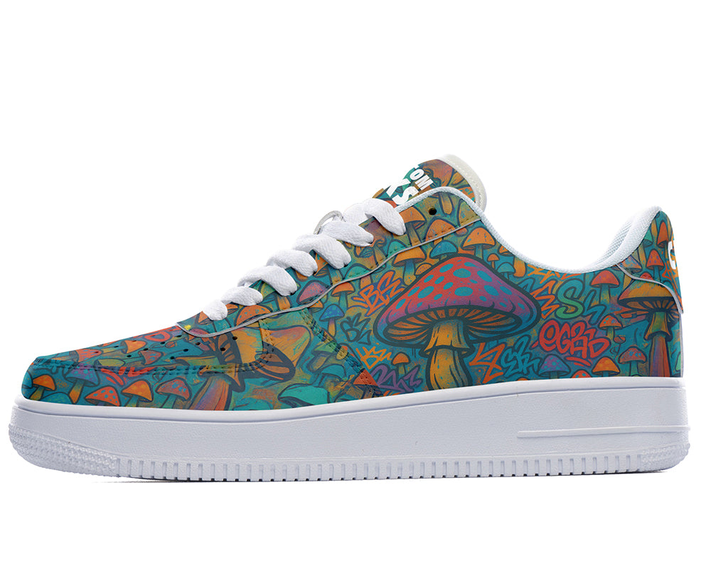 Custom Kiks Woodland Mushroom Sneakers, eye-poppling patterned sneaker on a white sole