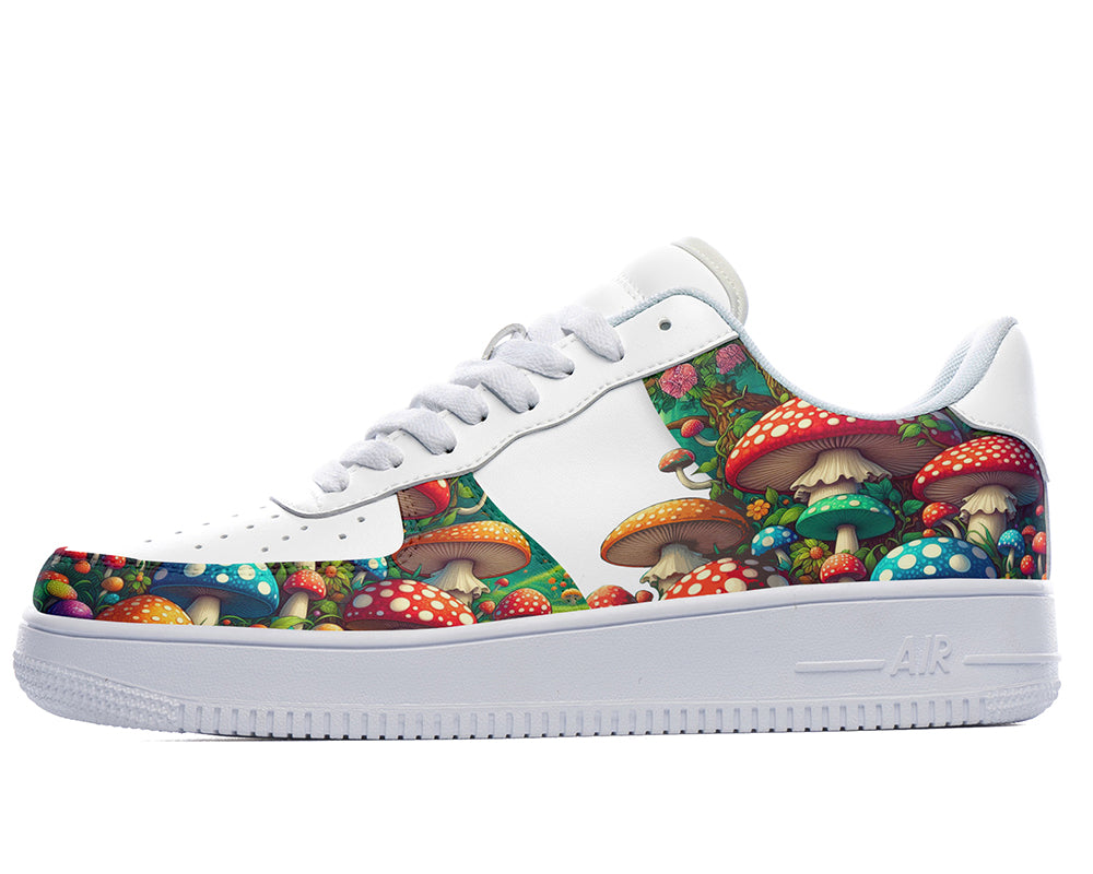 Custom Kicks white sneakers with a colorful wild mushroom design.