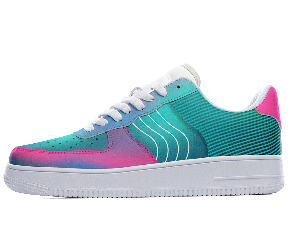 Teal Pink Gradient Sneakers: Abstract Wave Graphic Court Sneakers