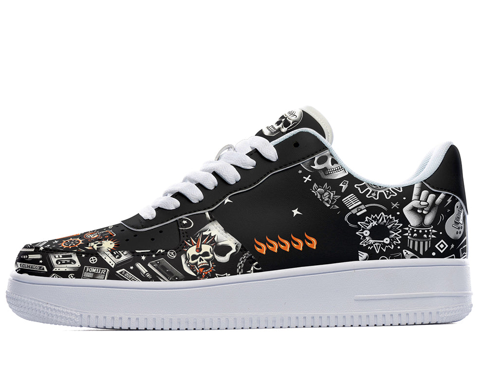 Black and white sneaker with music, skull and flames titled Punk Rock Court Sneakers 