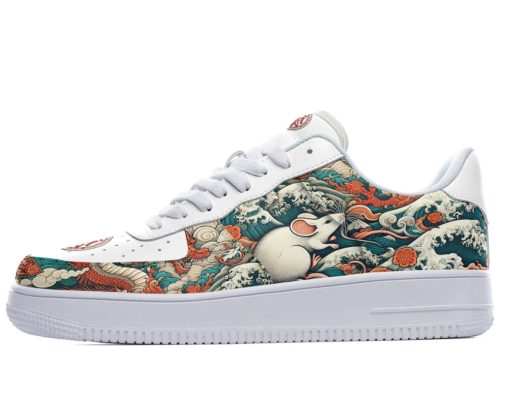 Court sneakers featuring a detailed rat illustration surrounded by ocean waves, clouds, and traditional Asian-inspired artwork in blue, teal, and orange tones.