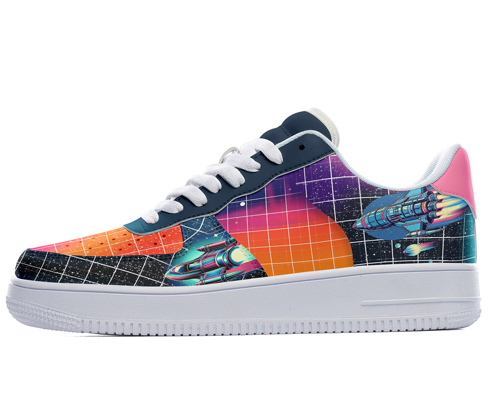 Retro sci-fi sneakers with synthwave space cruiser and wireframe grid graphics on a white court sole.
