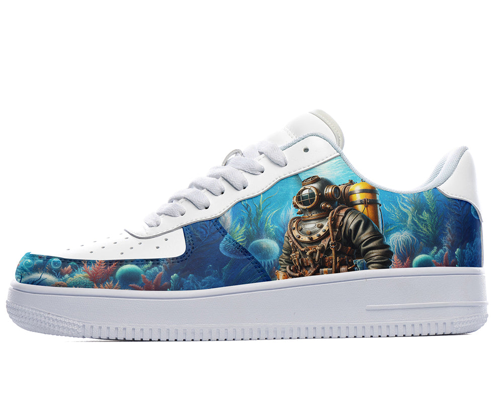 Court sneakers featuring a vintage scuba diver illustration exploring a colorful underwater coral reef and deep sea environment.