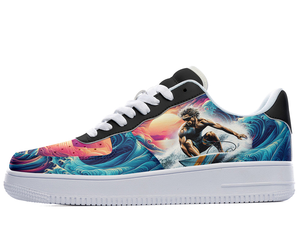 Court sneakers featuring a surfer riding ocean waves at sunset with colorful surf art and tropical coastal imagery.