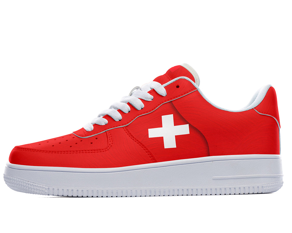 Swiss Flag Sneakers: Swiss Flag Pattern Court Sneakers