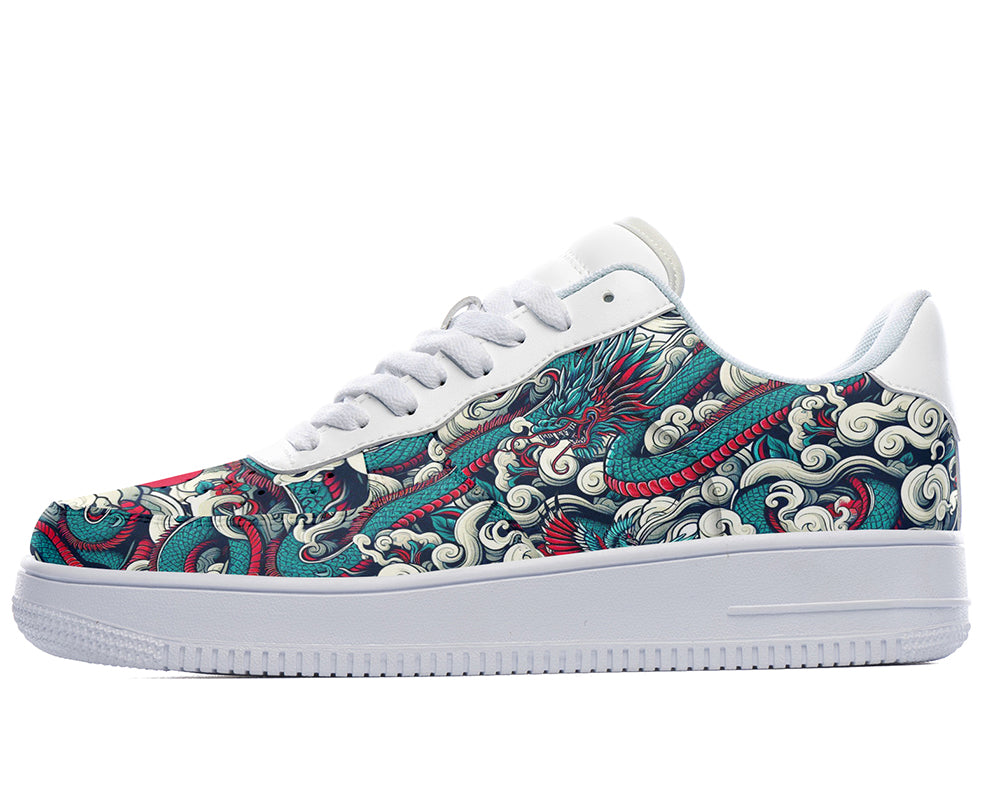 Dragon Court Sneakers featuring a detailed dragon illustration with swirling clouds and Asian-inspired art patterns.