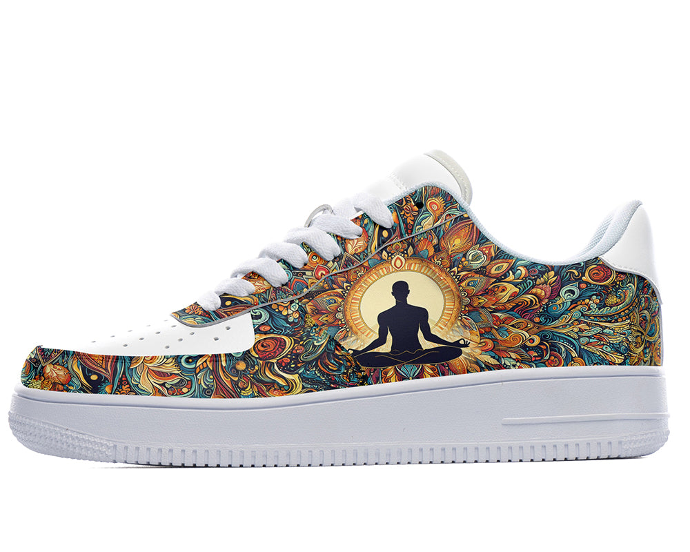 Court sneakers featuring a meditation silhouette surrounded by colorful mandala-inspired artwork and yoga-inspired design elements.