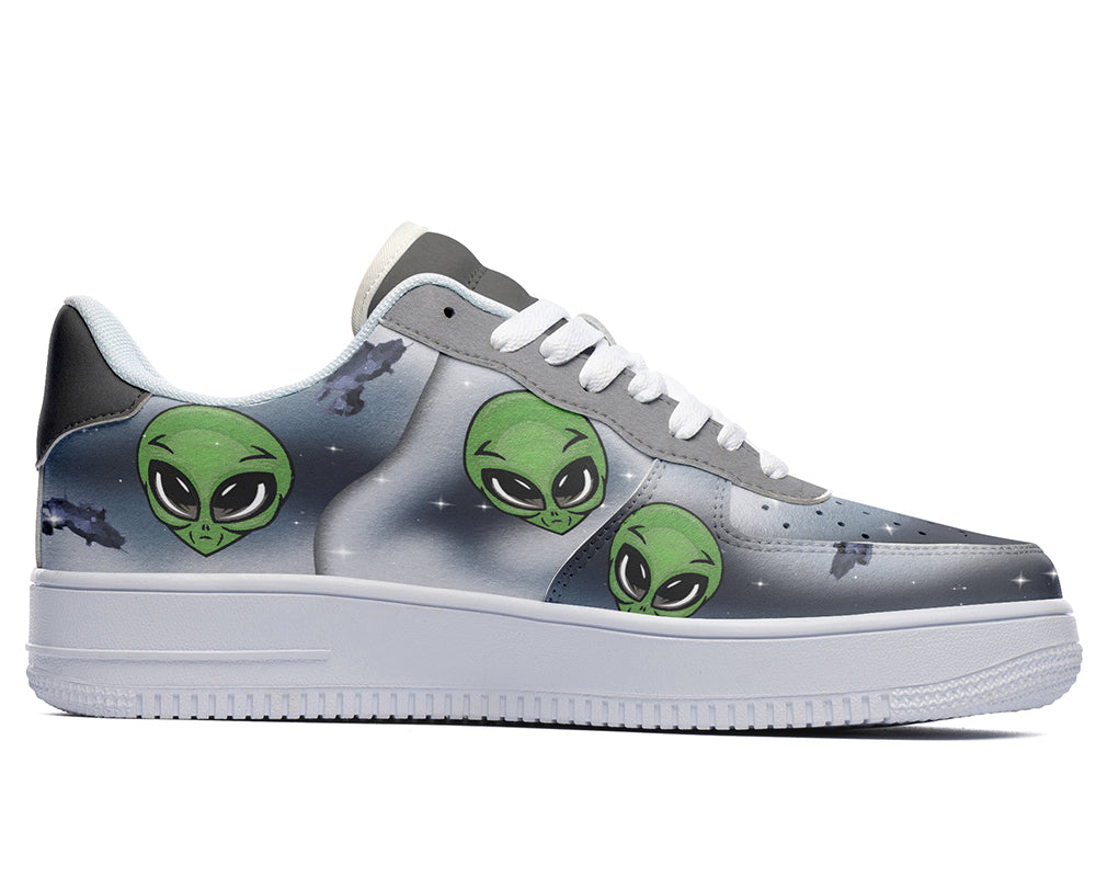 Alien Sneakers: Green Alien Pattern Court Sneakers