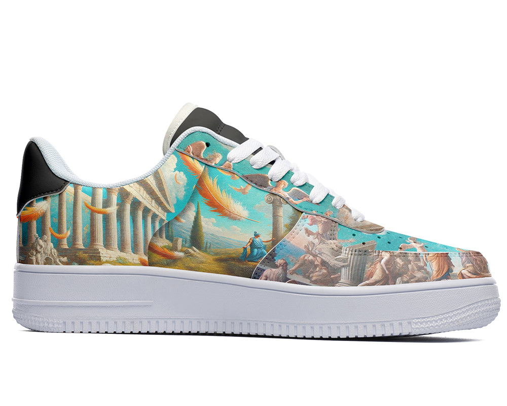 Ancient Greece court sneakers featuring classical civilization artwork with Greek architecture, statues, and mythology-inspired scenes.
