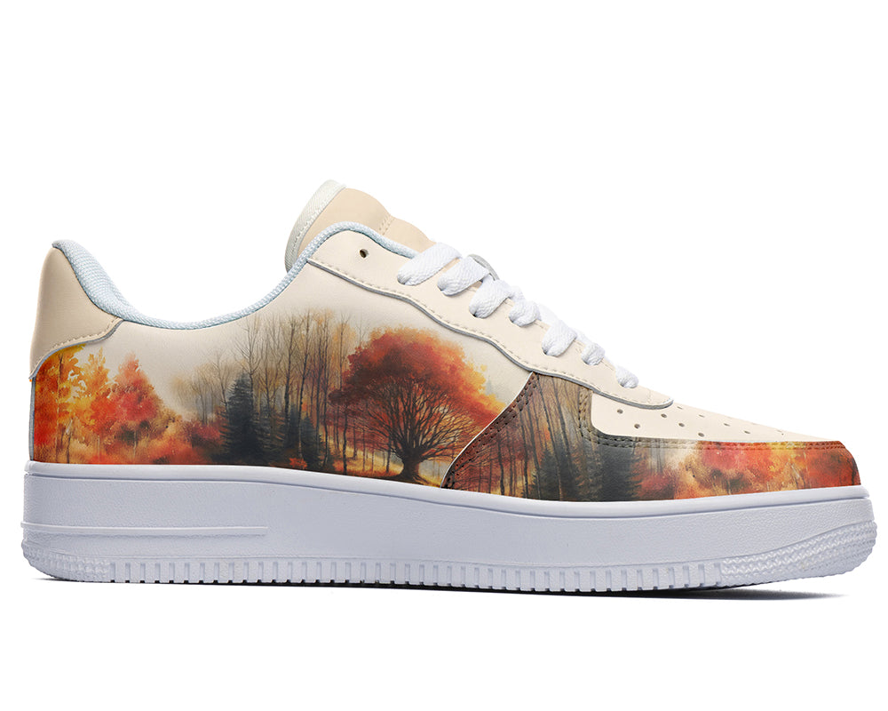 Custom Kiks White sneakers with a watercolor print of an autumn forest scene. 