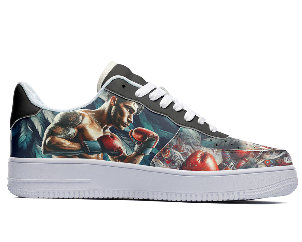 Court sneakers featuring a boxer illustration with red boxing gloves and boxing-inspired artwork.