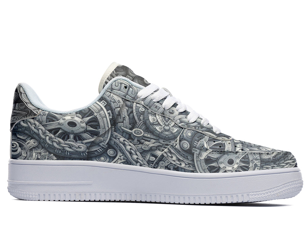 Gear Pattern Court Sneakers featuring intricate mechanical gears, industrial machinery artwork, and metallic steampunk-inspired design details in black, silver, and bronze tones.