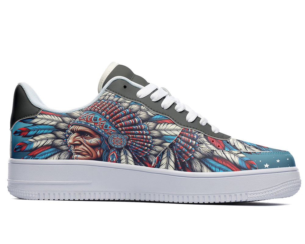 Native American inspired court sneakers featuring tribal heritage artwork with a colorful feather headdress illustration and cultural art details.