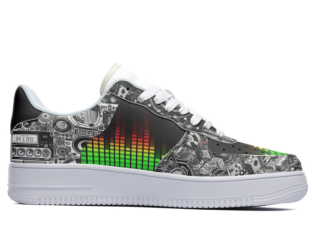 Court sneakers featuring an audio equalizer pattern with vintage music equipment, speakers, and sound system artwork in black, white, red, yellow, and green tones.