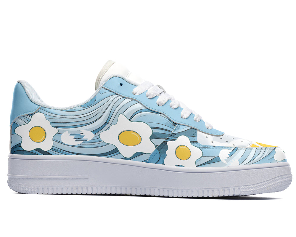 Fried Egg Sneakers: Fried Egg Pattern Court Sneakers in blue hues background