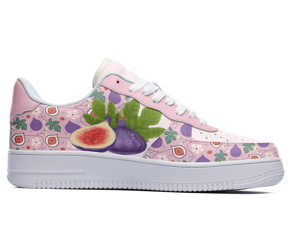 Custom Kiks Pink & Deep Purple sneaker with fig design on a white background