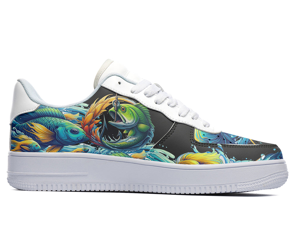 Court sneakers featuring colorful sport fishing artwork with detailed fish illustrations, fishing hook design, and ocean wave graphics.