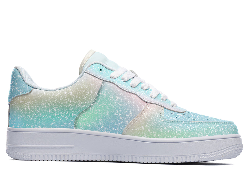 Glitter Sneakers: Glitter Pattern Court Sneakers in soft teal, pink and mint hues