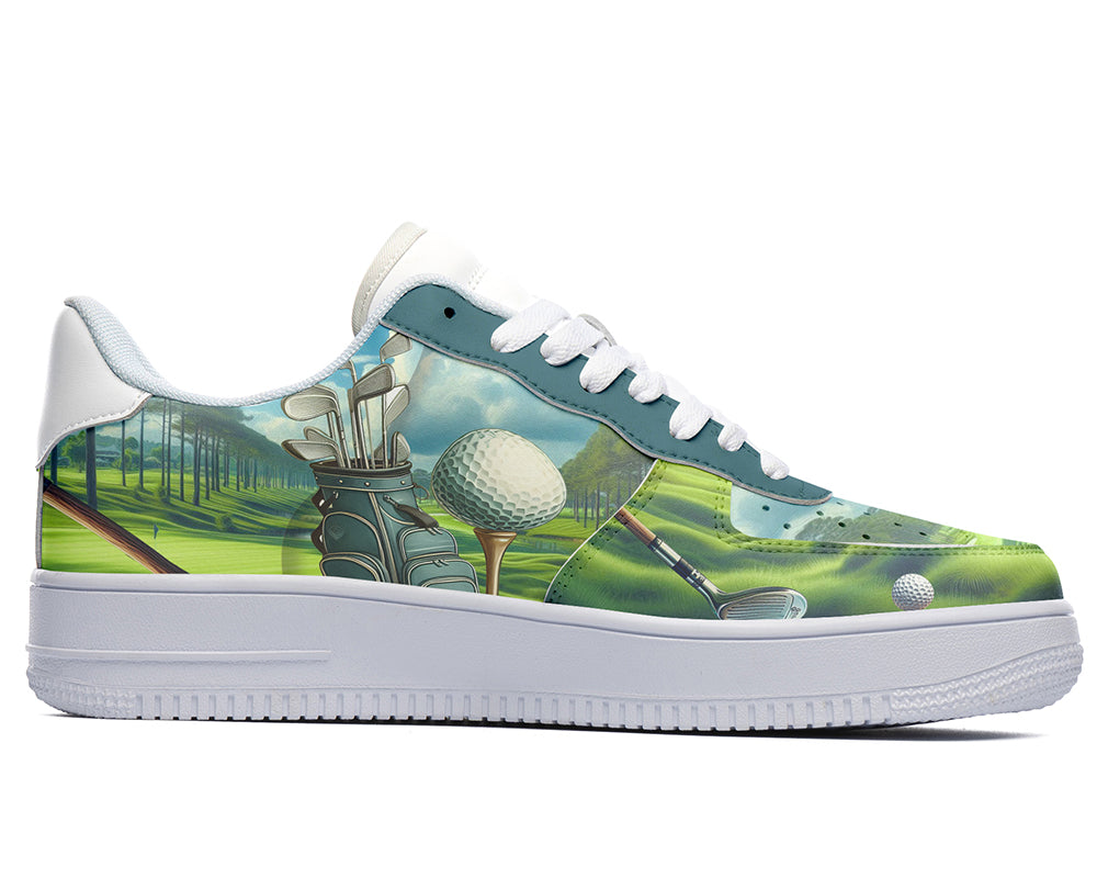 Court sneakers featuring a golf course illustration with golf clubs, golf balls, and fairway-inspired artwork.