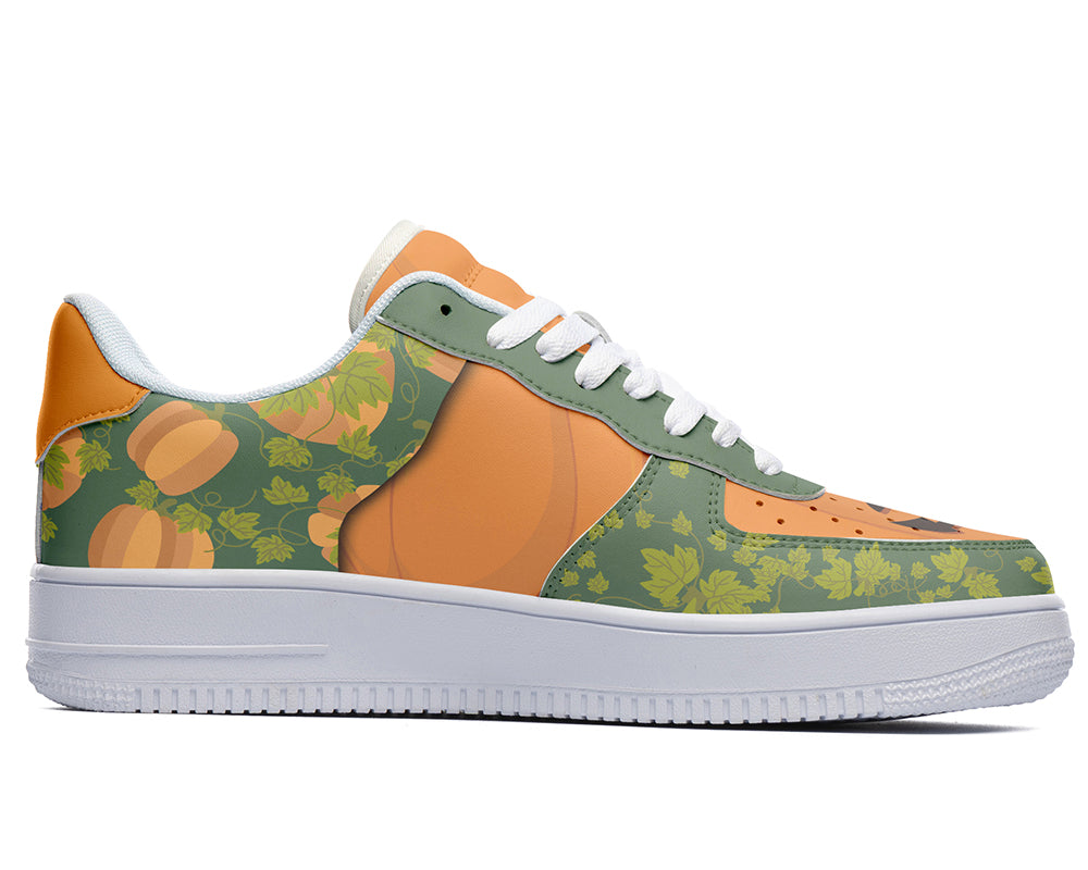 Jack-o-Lantern graphic court sneaker with green background and orange pumpkin patterns