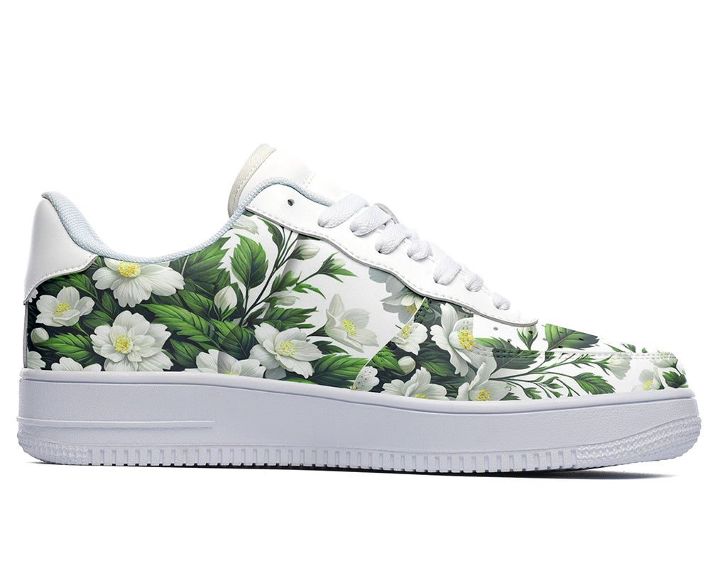 Custom Kiks Jasmine Sneakers_white flowers with green leaves 