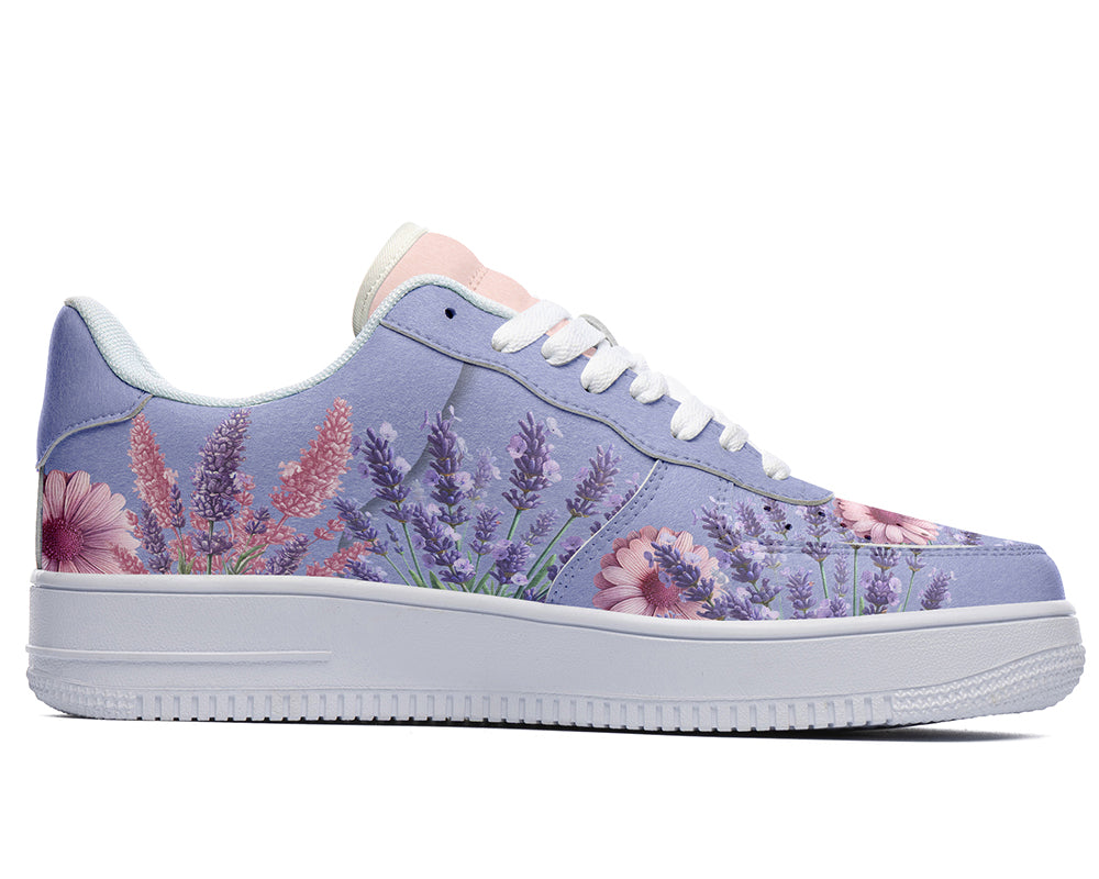 Lavender Sneakers: Lavender Flower Pattern Court Sneakers