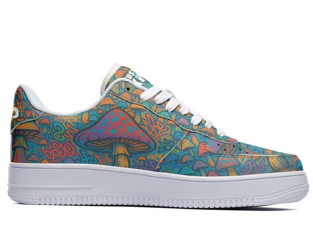 Custom Kiks Woodland Mushroom Sneakers, eye-poppling patterned sneaker on a white sole