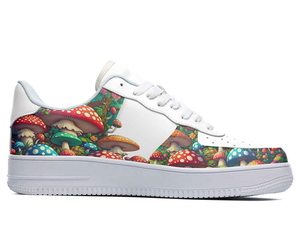 Custom Kicks white sneakers with a colorful wild mushroom design.
