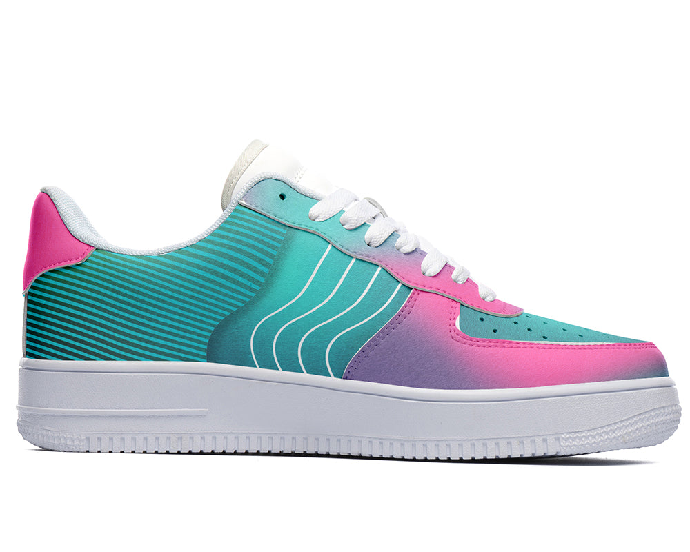 Teal Pink Gradient Sneakers: Abstract Wave Graphic Court Sneakers