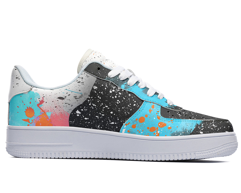Court sneakers featuring an abstract paint splatter design with black, white, orange, and blue paint splash artwork.