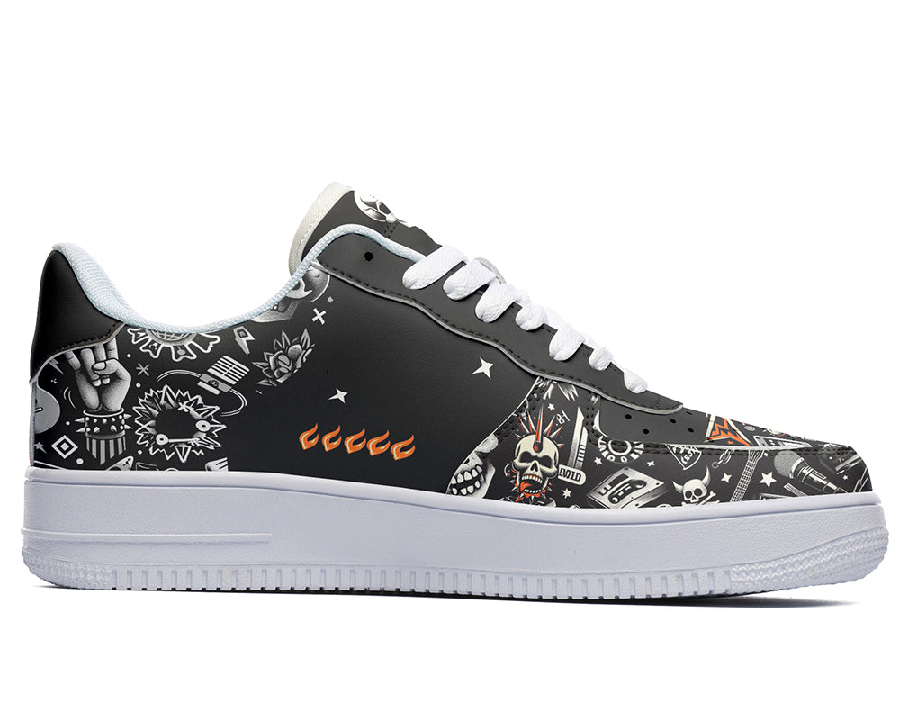 Black and white sneaker with music, skull and flames titled Punk Rock Court Sneakers 