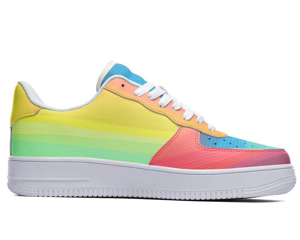 Custom Kiks Rainbow Sneakers – Colorful & Bright Statement Shoes_low-top sneaker with a rainbow-colored gradient design on the upper and a white midsole and outsole.